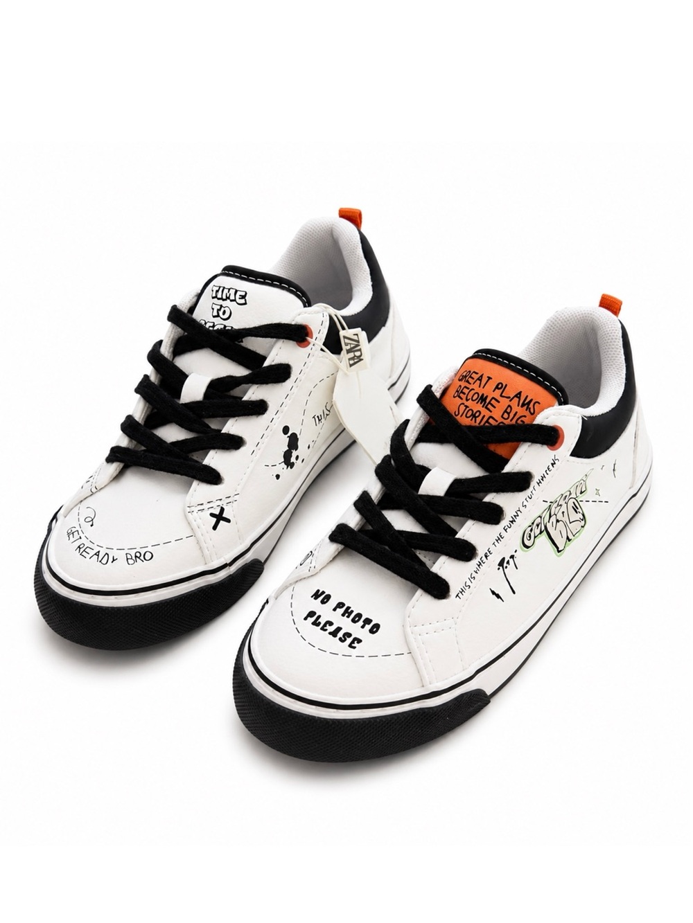 Zara White Sneakers with Black Trim and Orange Accents